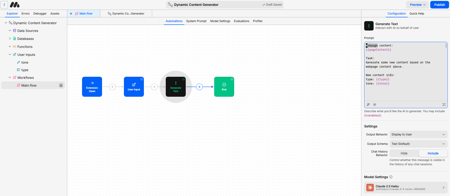 Dynamic Content Generator workflow in MindStudio